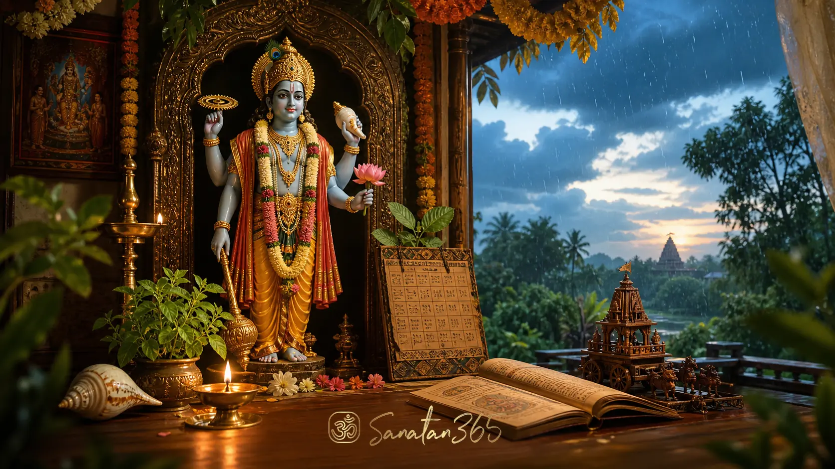 A monsoon-lit Ashadha Maas home altar with Lord Vishnu symbols, tulsi leaves, diya, scripture, and a small Rath Yatra chariot motif
