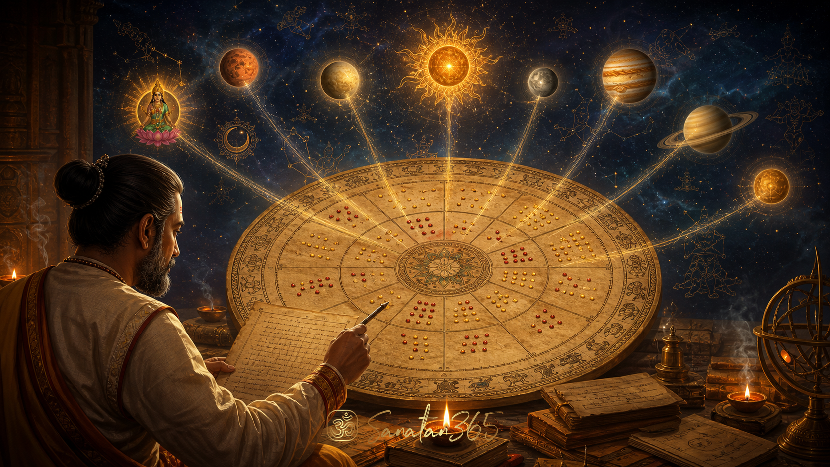 A luminous Jyotisha manuscript with twelve chart sections, golden bindu points, and eight streams of planetary influence studied by a seeker.