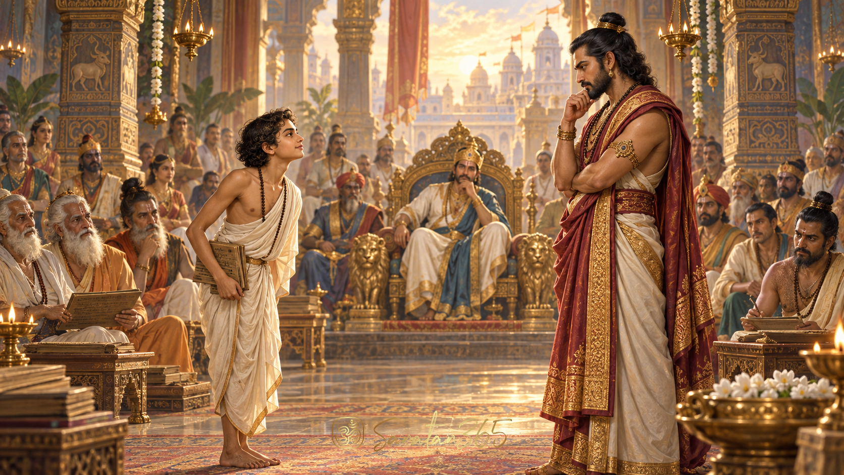 Young Sage Ashtavakra standing with dignity before Bandin in King Janaka's manuscript-filled court