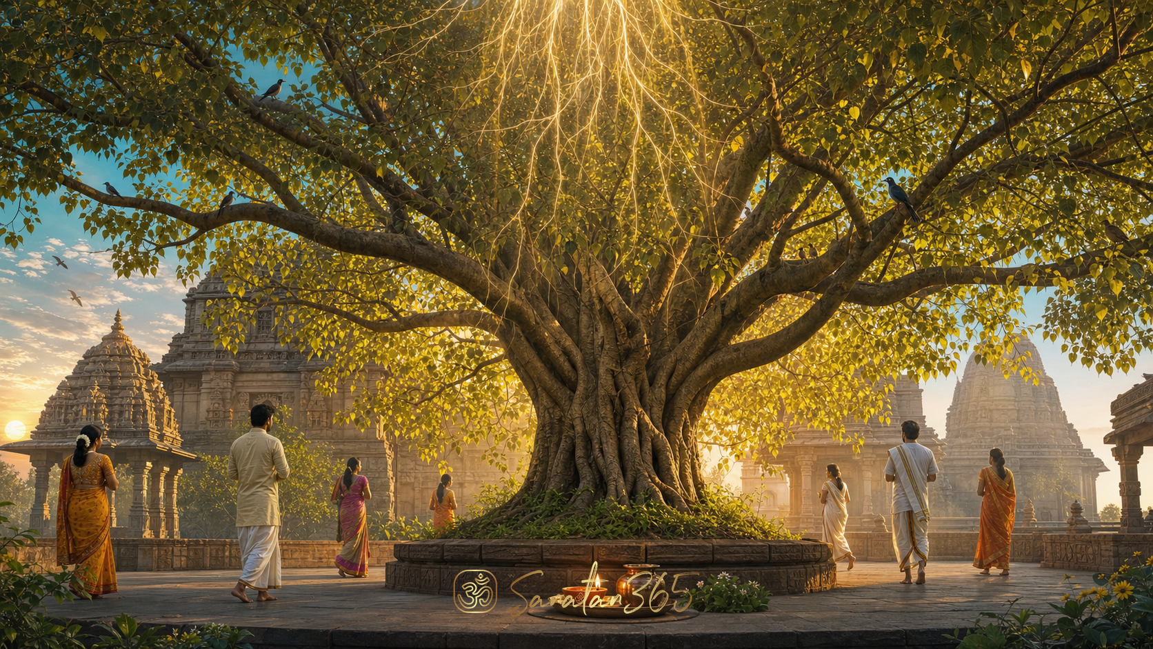 Ancient Peepal tree glowing at dawn as devotees respectfully circumambulate in a temple courtyard