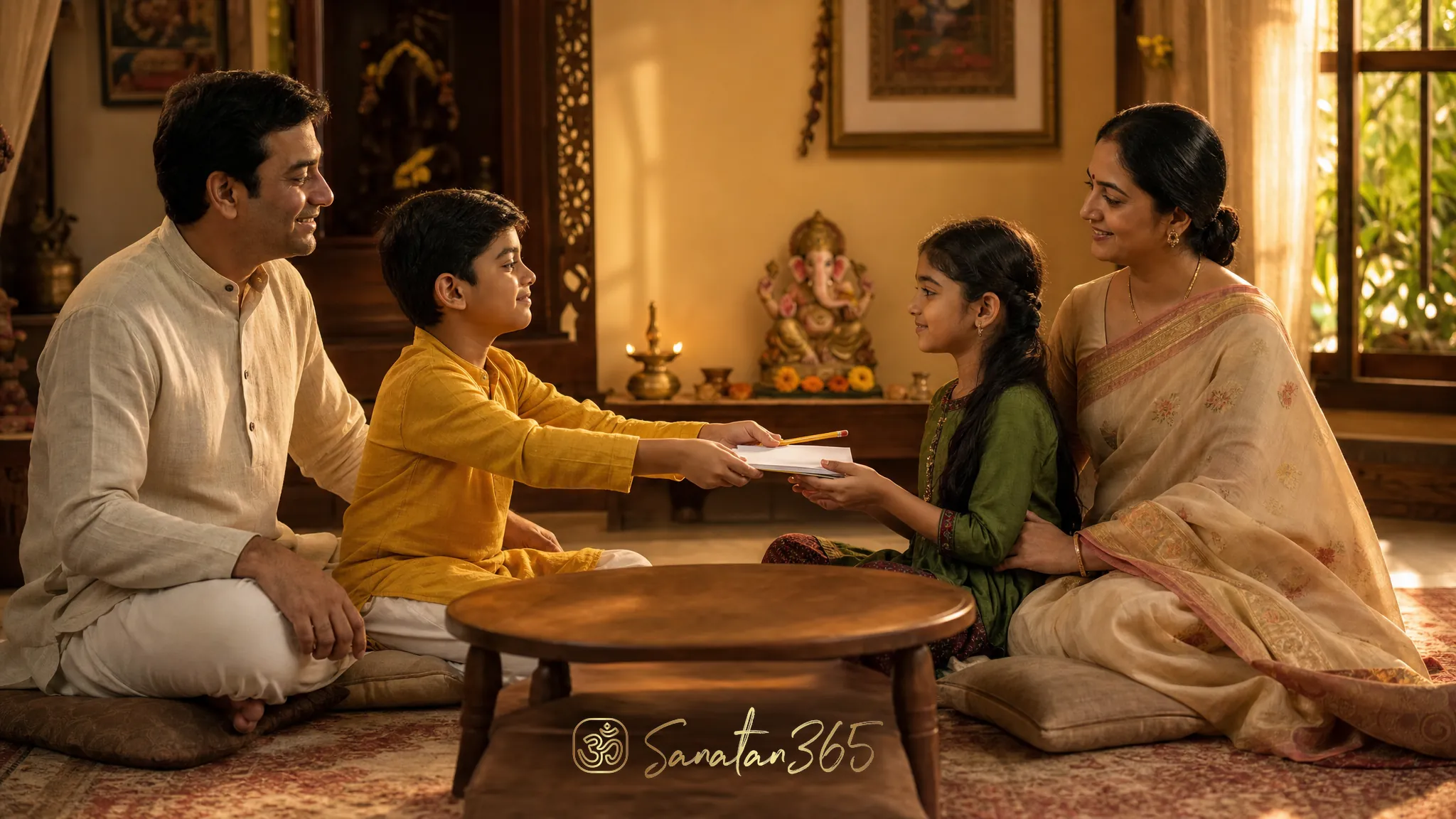 A child returning a borrowed pencil near a small Ganesha murti, representing asteya and honesty in Hindu family life.