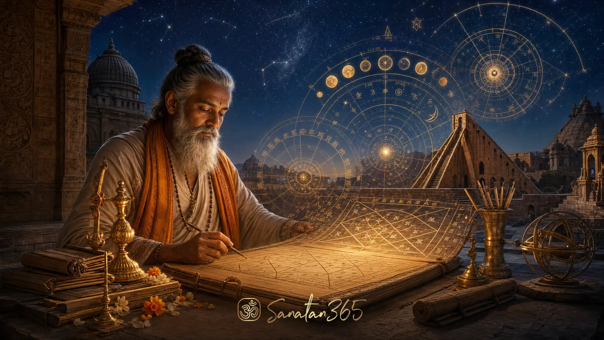 A devotional editorial illustration of Varahamihira-inspired Hindu astrology with a luminous birth chart and night sky.