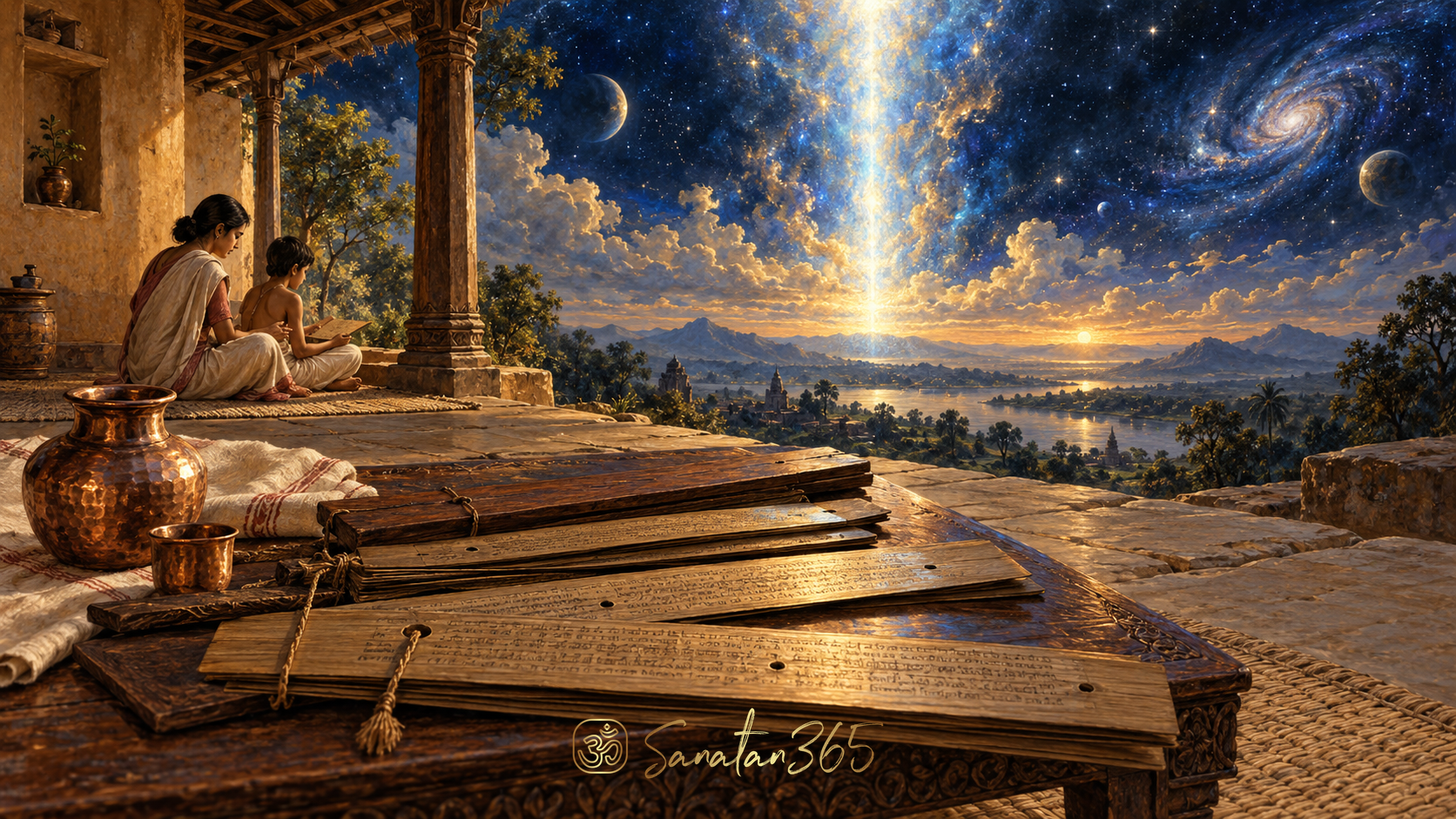 Painterly manuscripts and household textures opening into a luminous cosmic sky, evoking the Atharva Veda’s human and philosophical range.