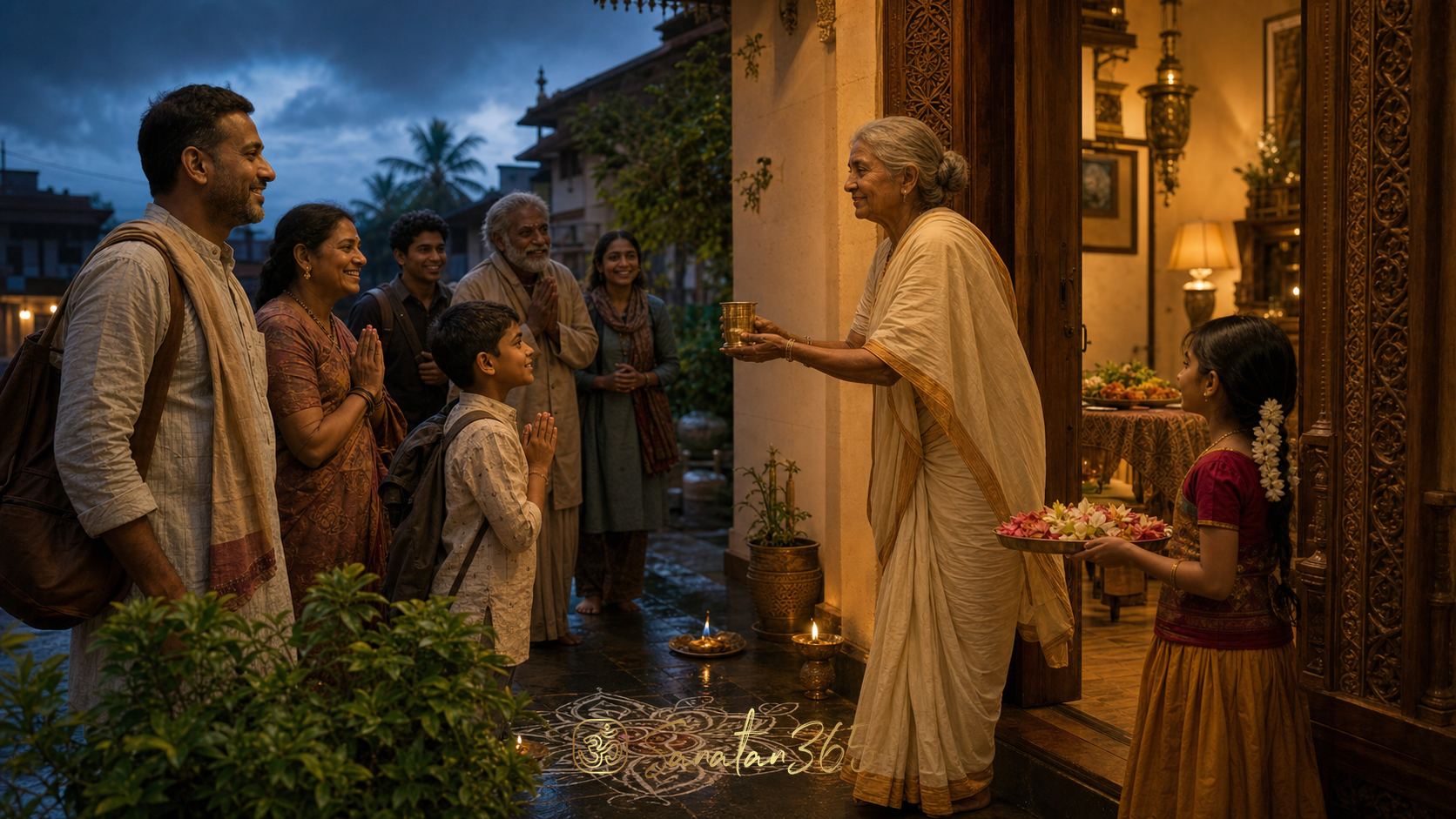 An Indian family welcoming guests with water, flowers, and warm lamplight at the threshold