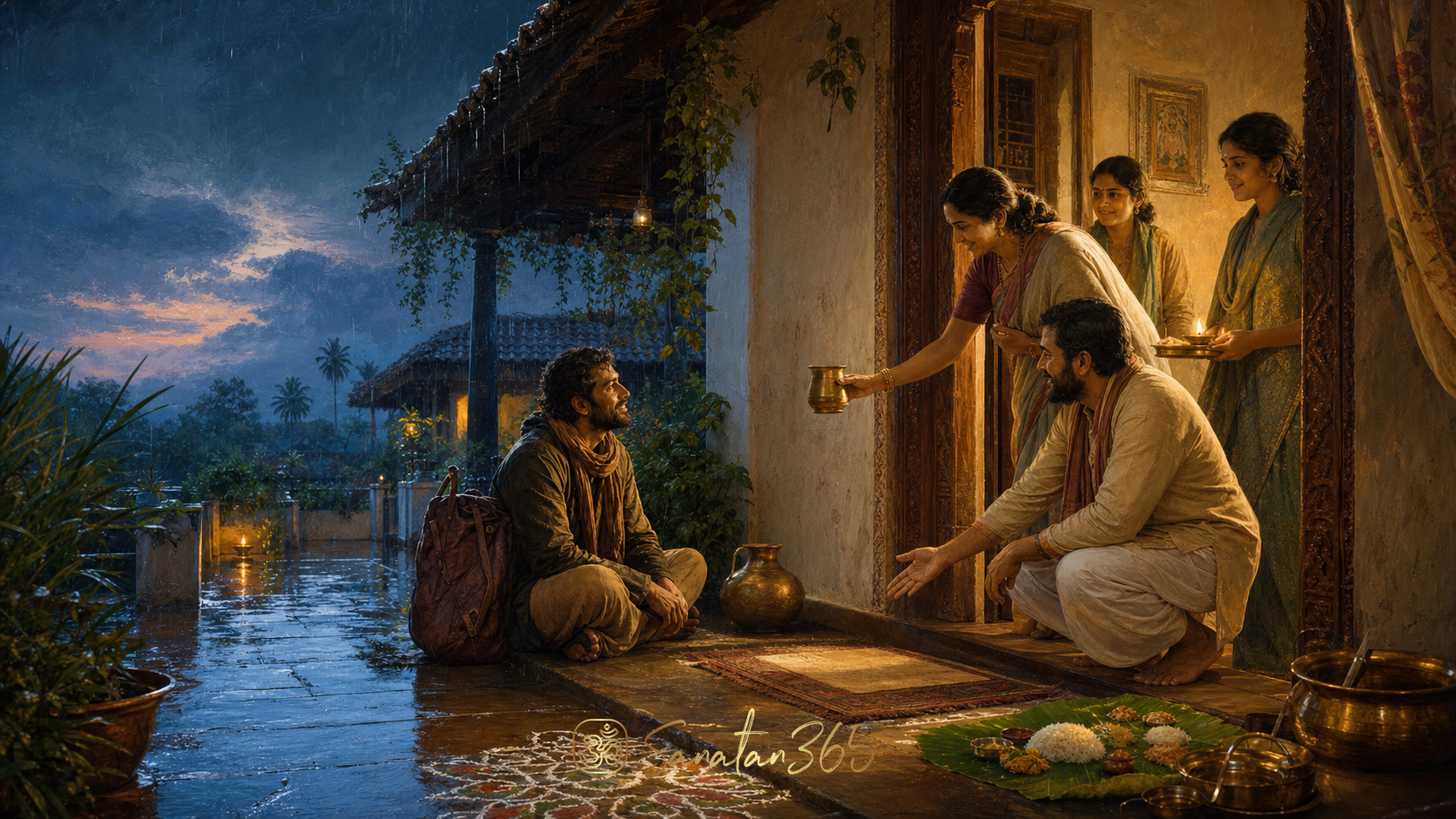 A family respectfully welcoming a traveller at a lamp-lit Indian home with water and a simple meal