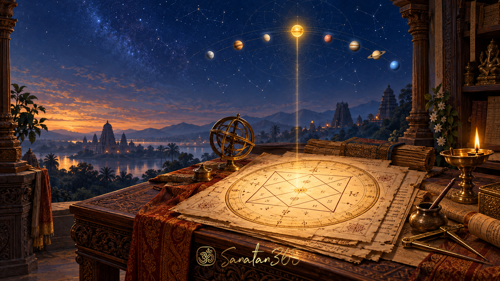 A luminous kundali manuscript beneath seven planetary lights, symbolizing Atmakaraka in Jaimini astrology