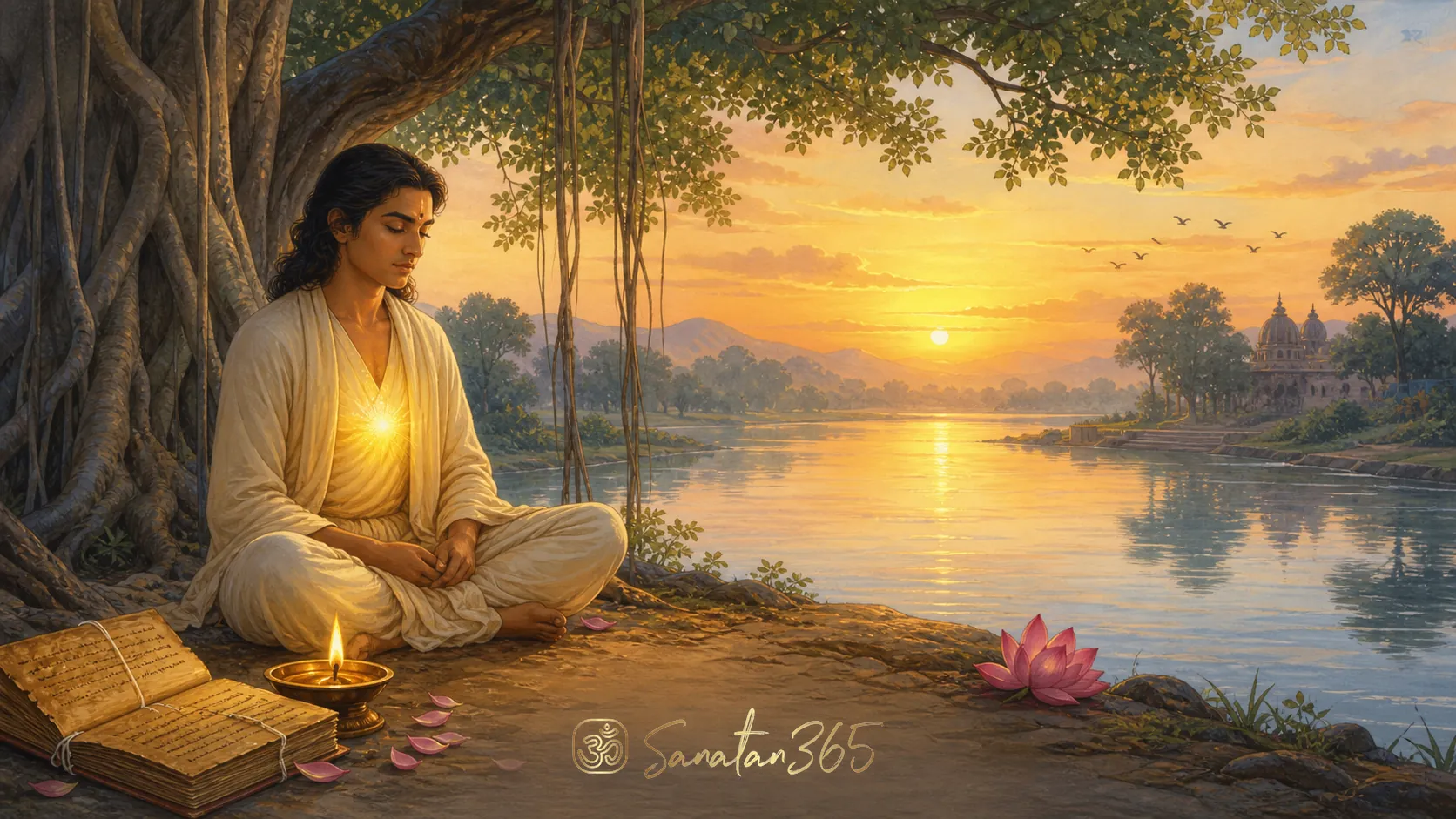 A serene seeker by a river at dawn with a diya, palm-leaf manuscript, and subtle heart light symbolizing Atman, the true Self
