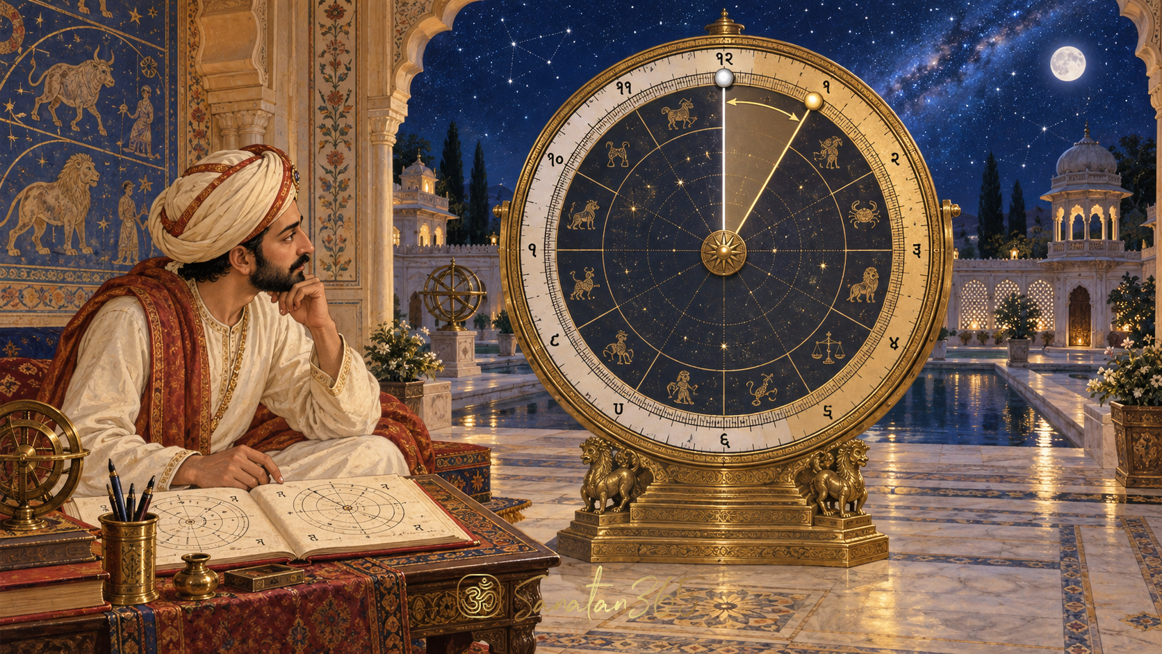 Painterly Indian astronomical atelier with offset graduated zodiac rings illustrating the ayanamsha reference difference