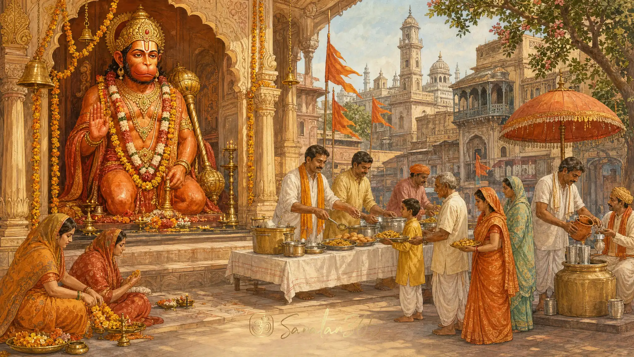 Lord Hanuman temple in Lucknow with devotees serving bhandara prasad during Bada Mangal