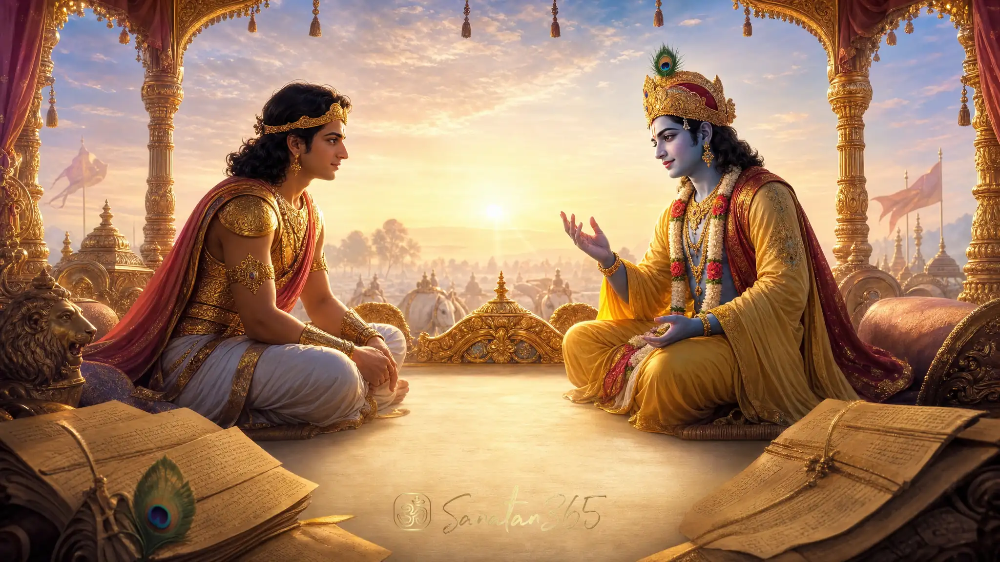 Lord Krishna teaching Arjuna in a serene chariot scene symbolizing Bhakti Yoga in Bhagavad Gita Chapter 12