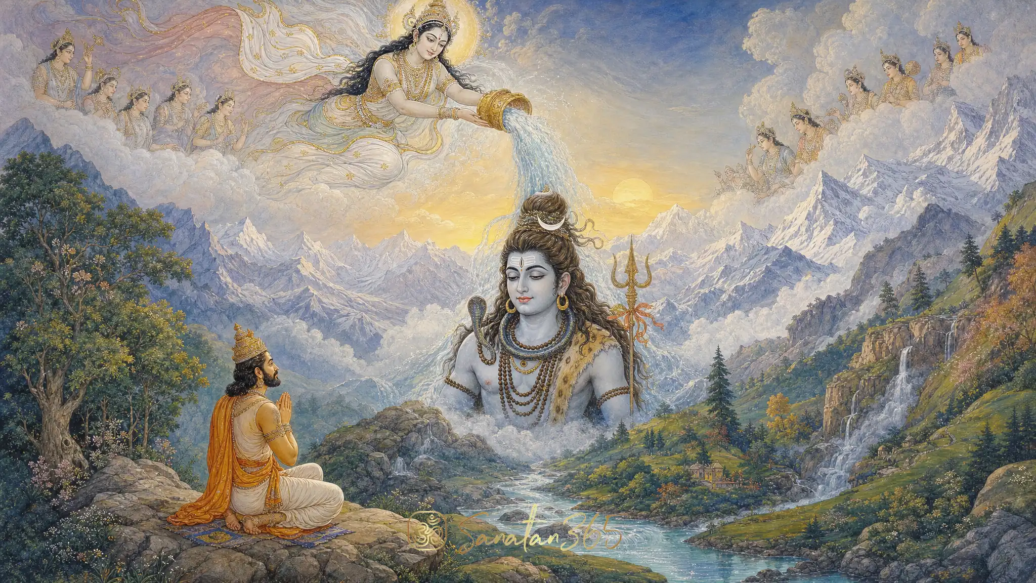 King Bhagiratha praying as Maa Ganga descends through Lord Shiva's matted locks in a devotional Himalayan scene