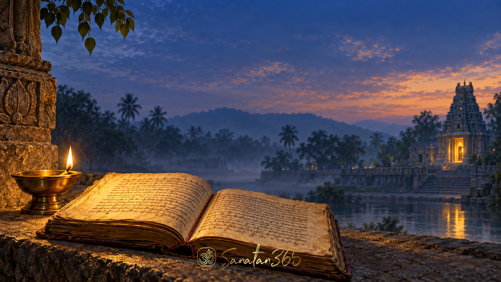 A Sanskrit manuscript and glowing devotional lamp suggesting the wisdom of Bhaja Govindam