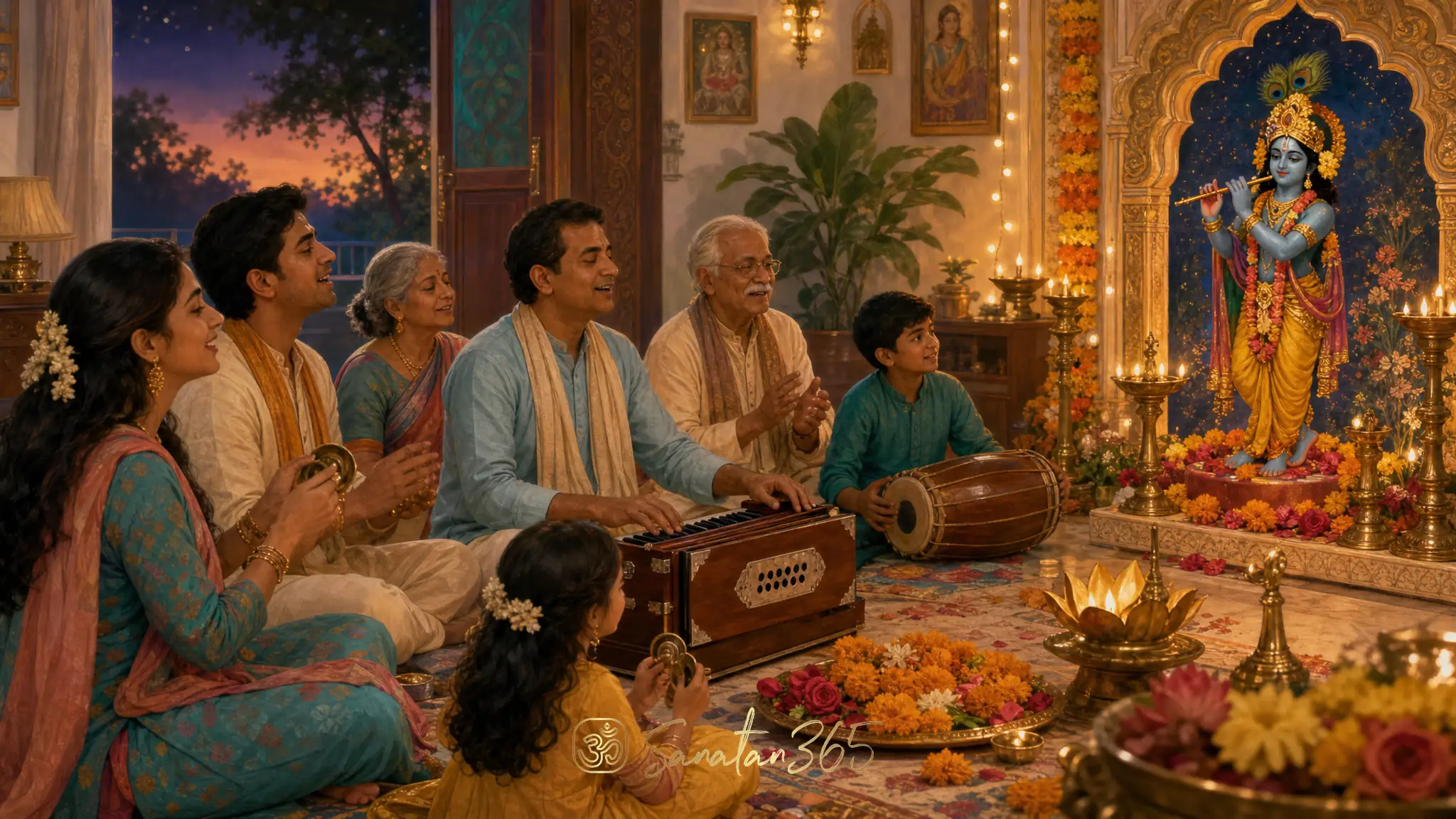 A Hindu family singing bhajan together with harmonium, cymbals, diya, and a Krishna murti