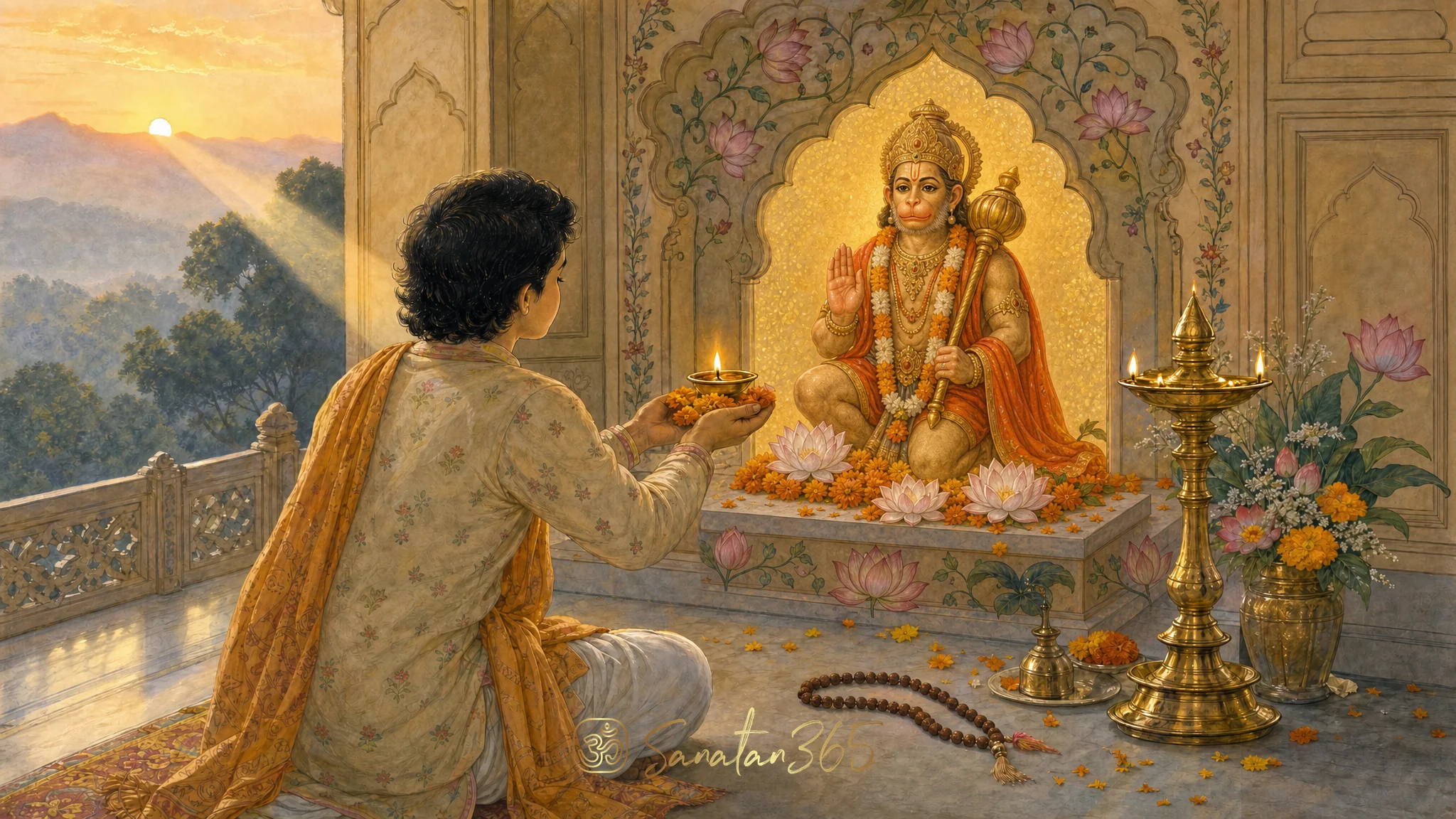 Devotional painting of a seeker offering a lamp and flowers at a sacred altar, symbolizing bhakti and surrender.