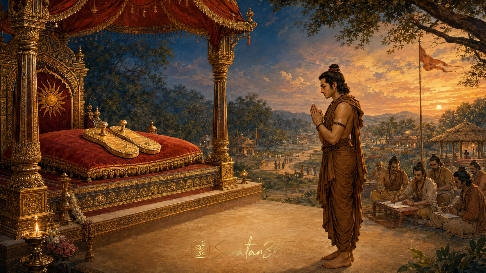 Painterly illustration of Bharata reverently attending Rama’s sandals beneath a royal canopy at Nandigrama.