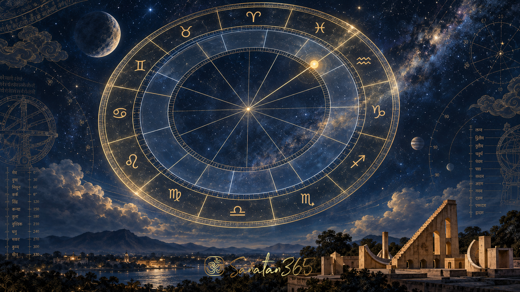 Editorial zodiac illustration showing one planetary light held within overlapping sign and house divisions.