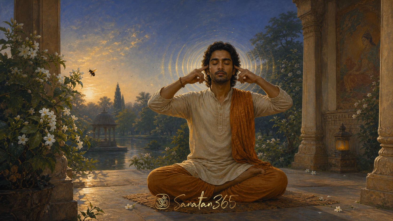 A seated yoga practitioner at dawn with subtle golden sound ripples and a bee near jasmine flowers