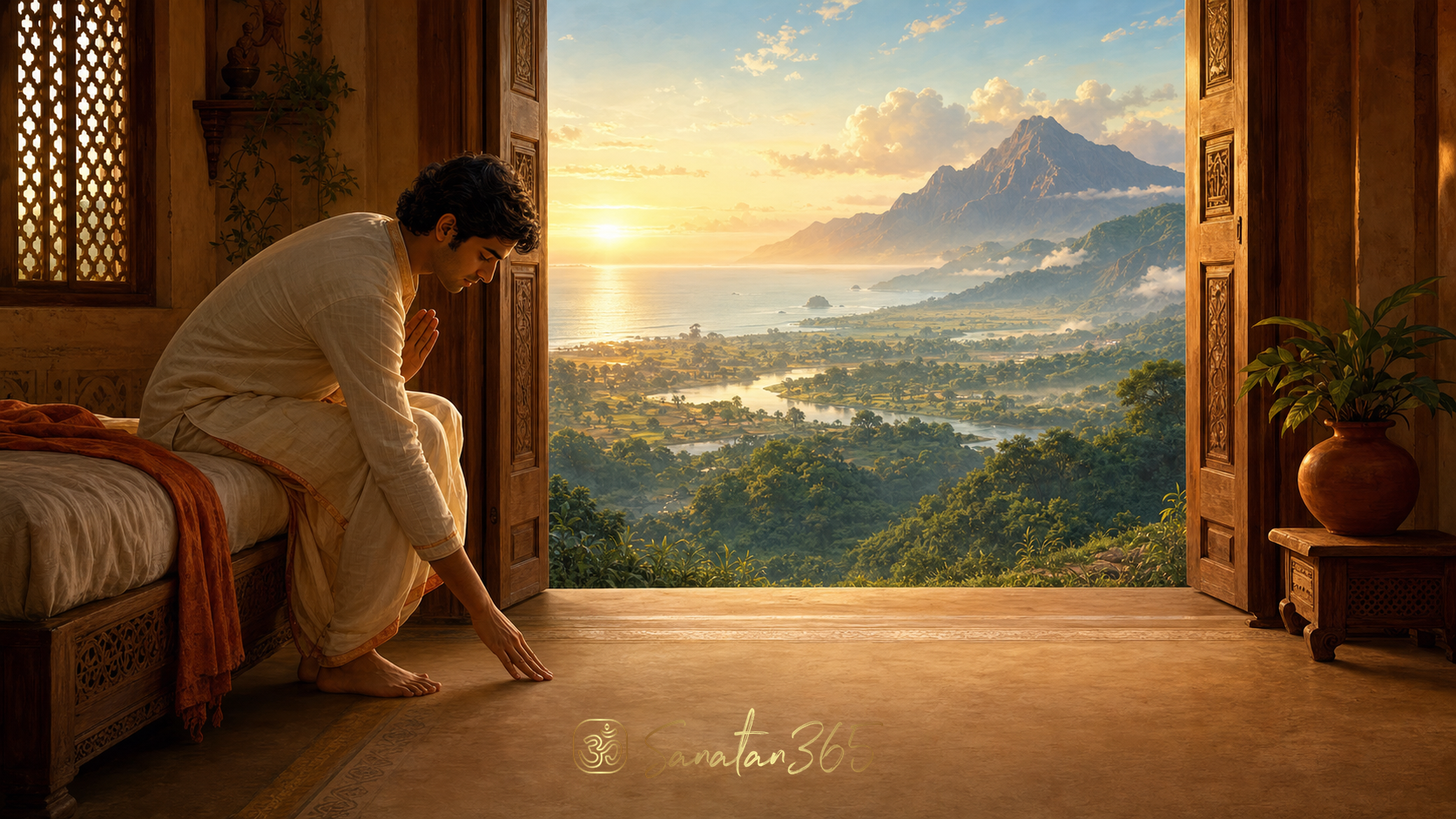 Devotee offering Bhumi Pranam at dawn as ocean, mountains, rivers, and earth glow beyond the home
