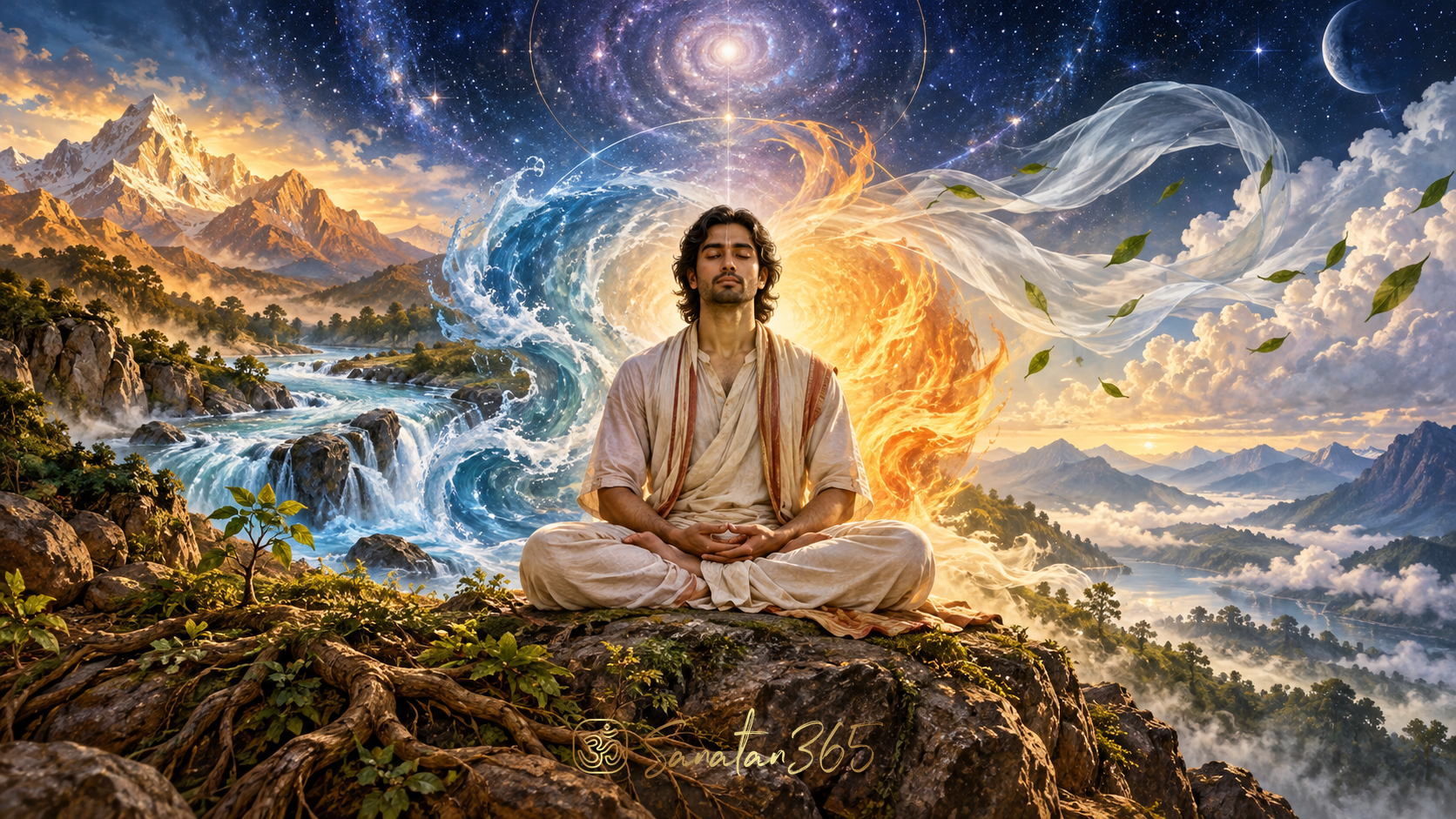 Meditating figure surrounded by earth, water, fire, air, and luminous space symbolizing Bhuta Shuddhi