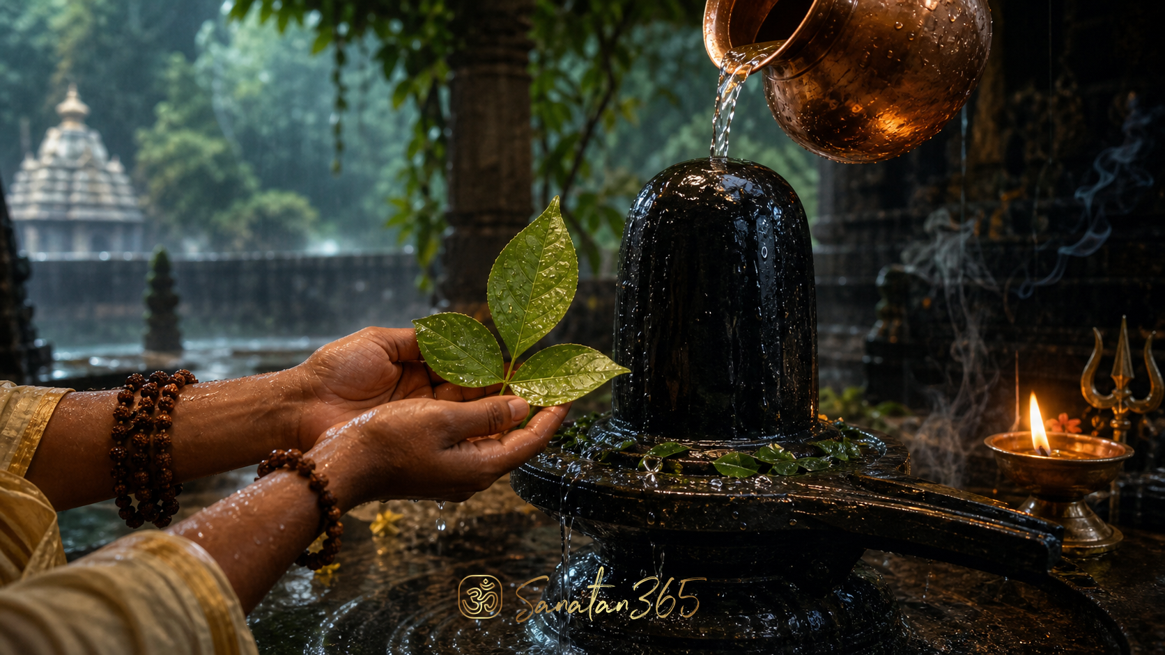 Three-leaf Bilva Patra offered to a Shiva linga in a rain-washed Shravan puja setting