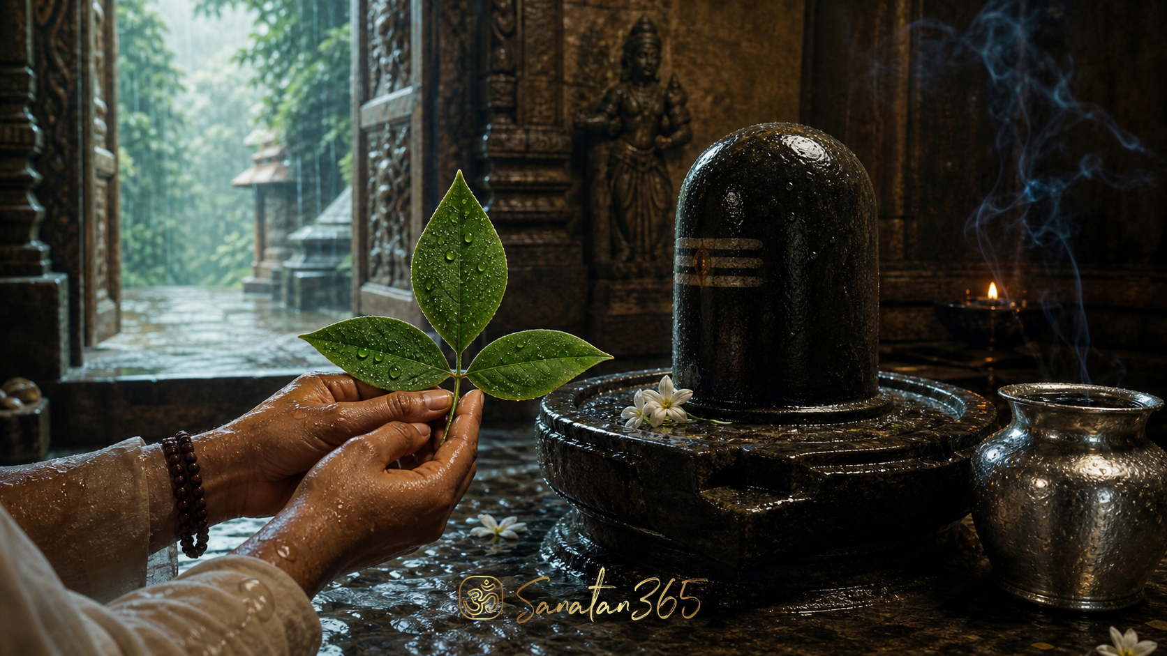 A devotee offers a fresh three-leaf bilva sprig to a Shiva linga in a rain-lit temple sanctum