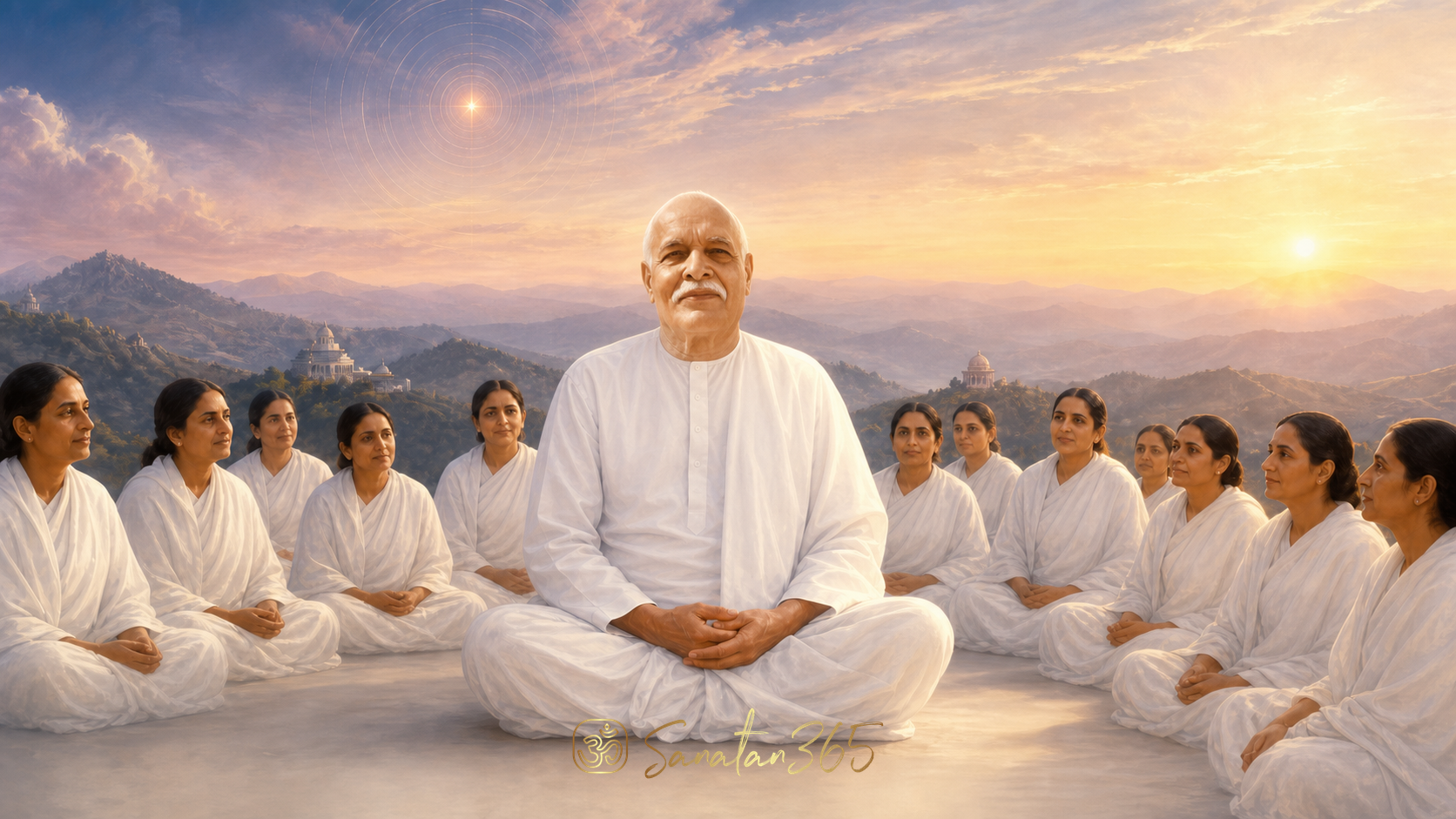 Painterly portrait of Brahma Baba with women spiritual students in a peaceful Mount Abu-inspired dawn setting