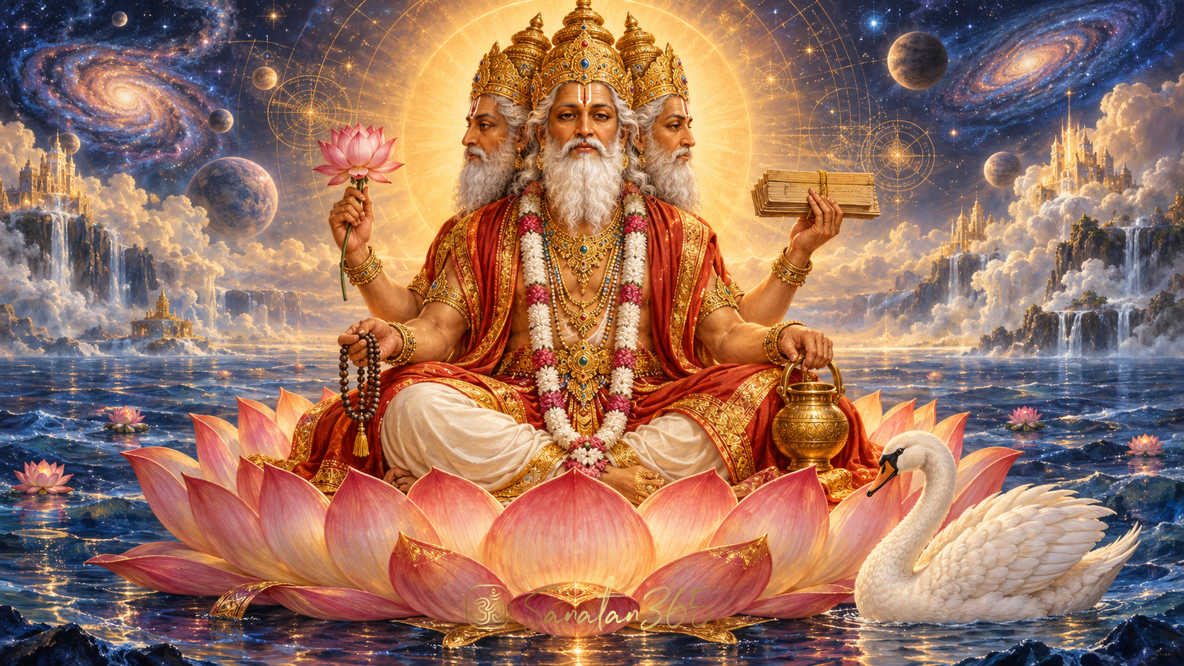 Painterly depiction of four-faced Lord Brahma on a lotus with a manuscript and a white hamsa