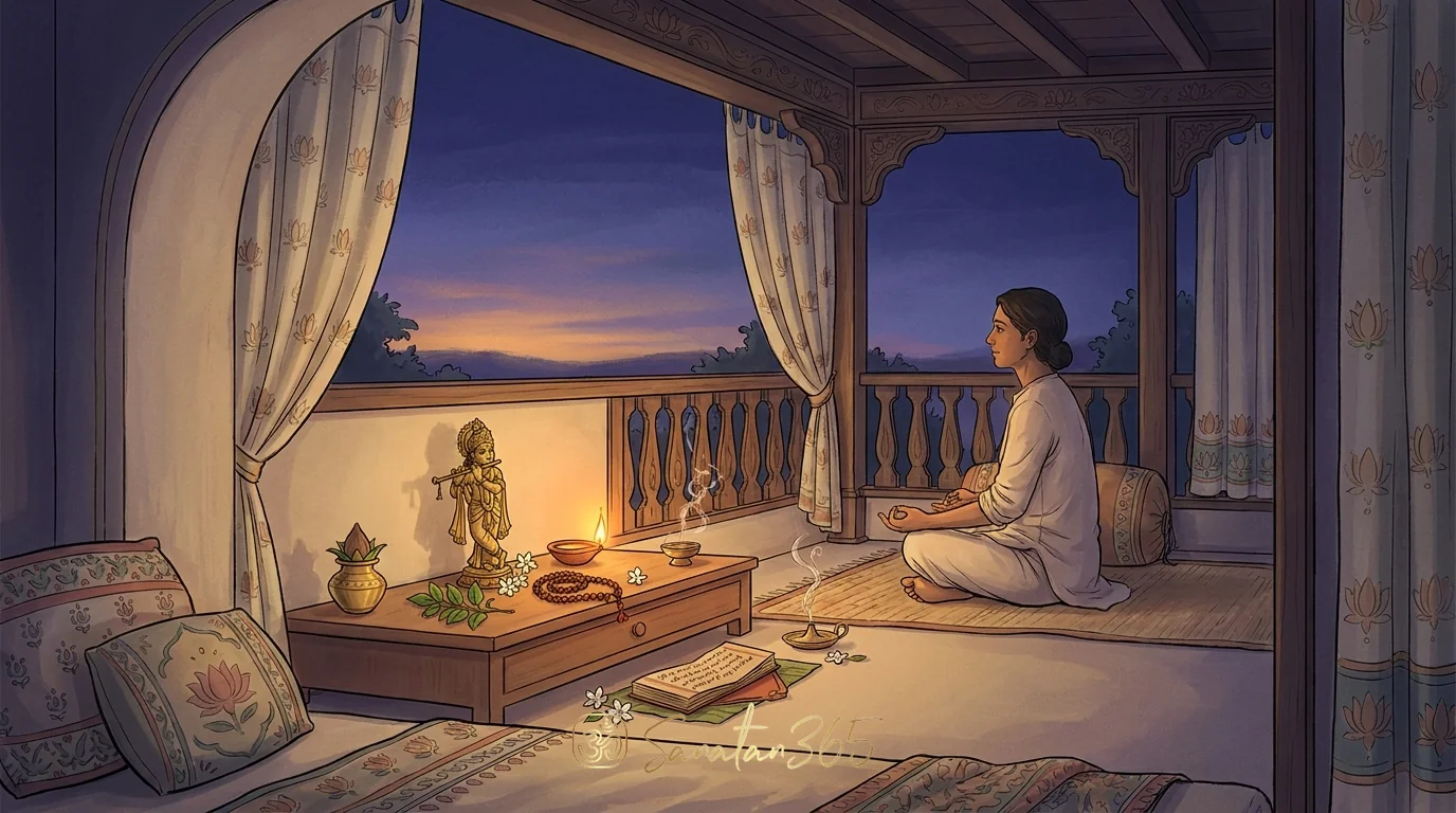 A quiet pre-dawn Hindu home practice scene with diya, tulsi, mala, and a small Vishnu or Krishna murti during Brahma Muhurta