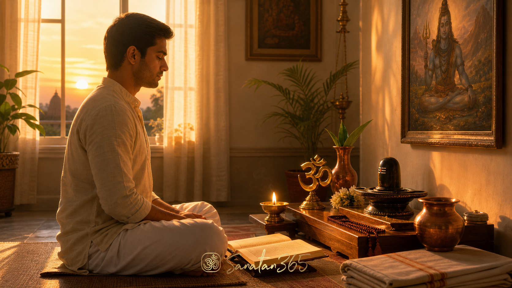 A calm seeker practicing disciplined attention near a home altar, symbolizing Brahmacharya in modern Hindu life