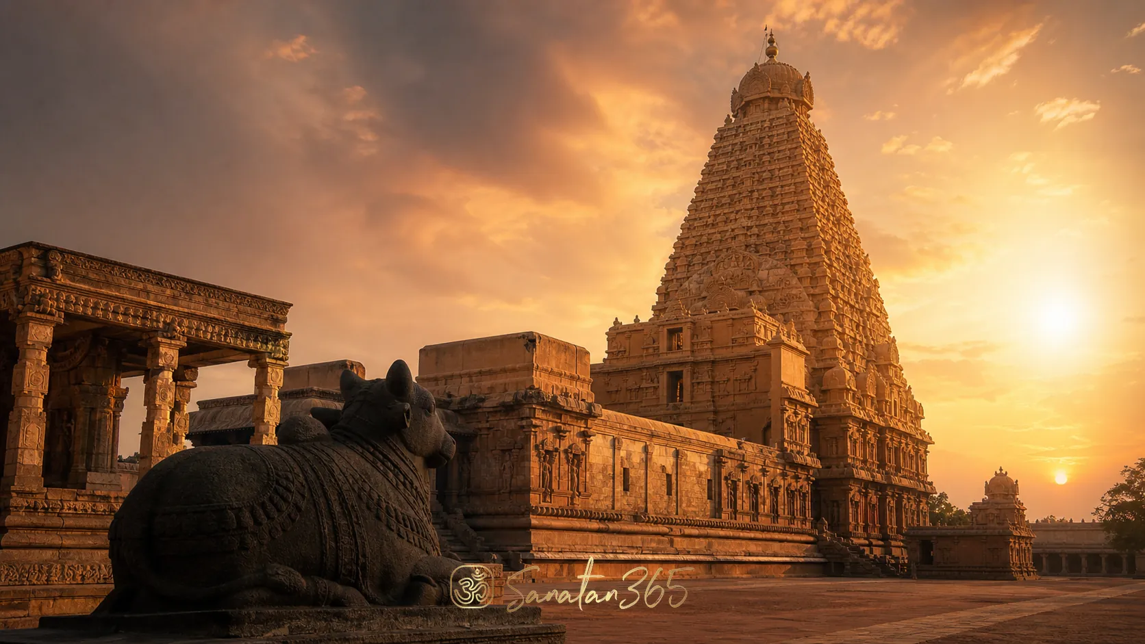 Brihadeeswarar Temple in Thanjavur with its granite vimana and Nandi foreground