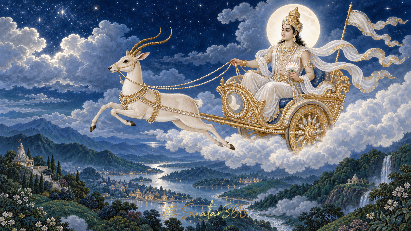 Painterly Chandra Deva in a luminous antelope-drawn chariot above an Indian moonlit landscape