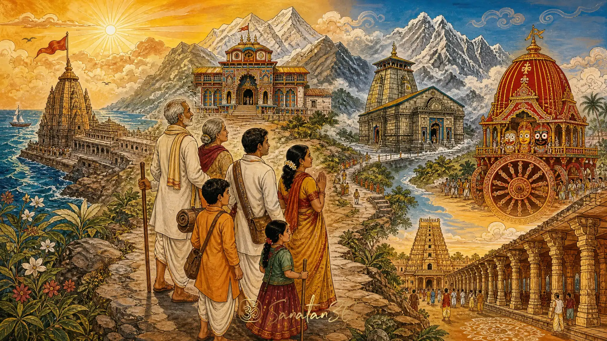 A devotional illustration of pilgrims contemplating the sacred directions of Char Dham Yatra.
