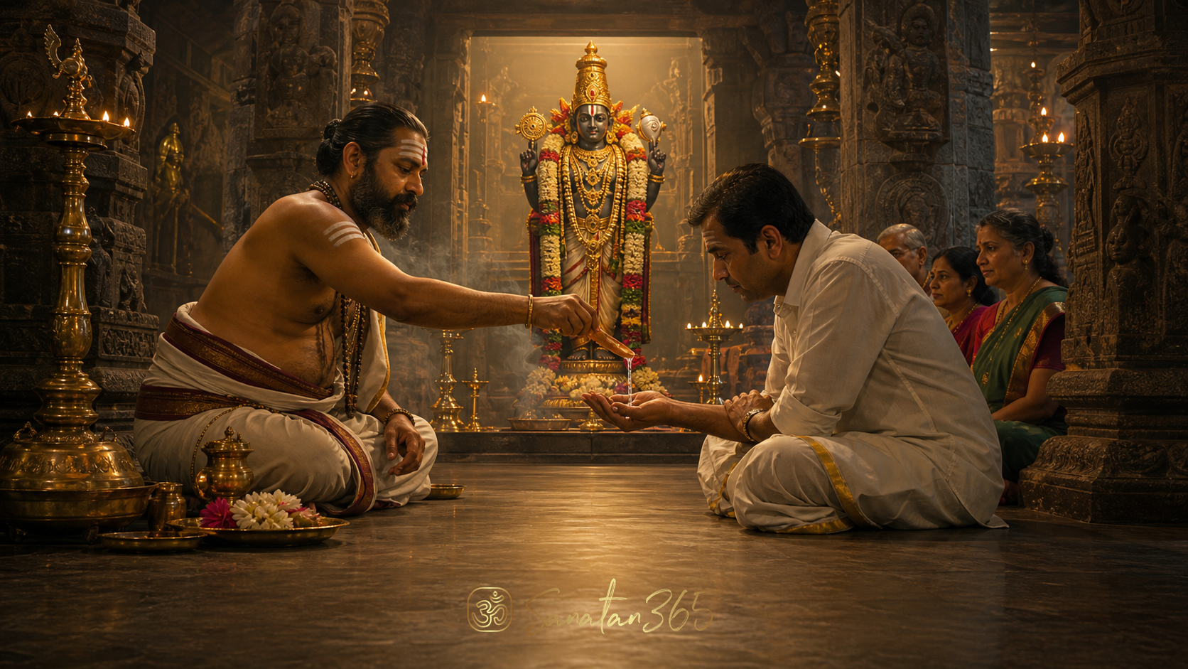 A devotee respectfully receives Charanamrit from a priest before a garlanded Lord Vishnu murti in a luminous temple.