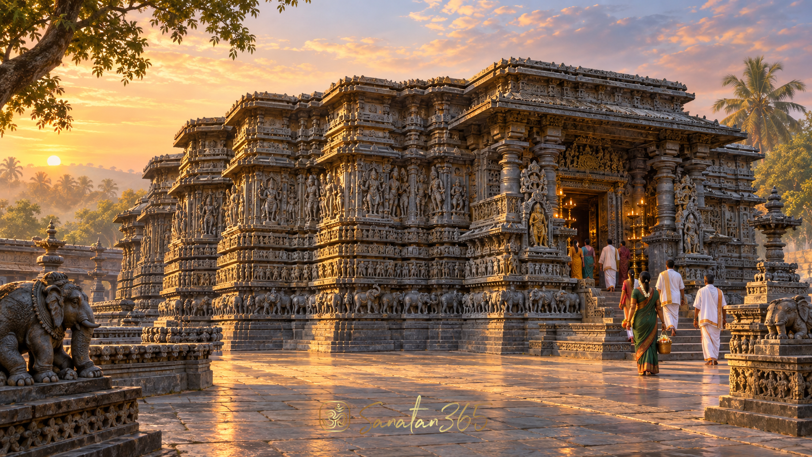 Chennakeshava Temple at Belur with Hoysala stone carvings and devotees approaching for Vishnu darshan
