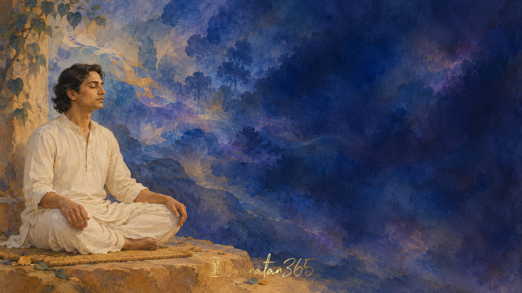 Painterly illustration of a seated practitioner with closed eyes beside an expansive indigo space, symbolizing inward attention.