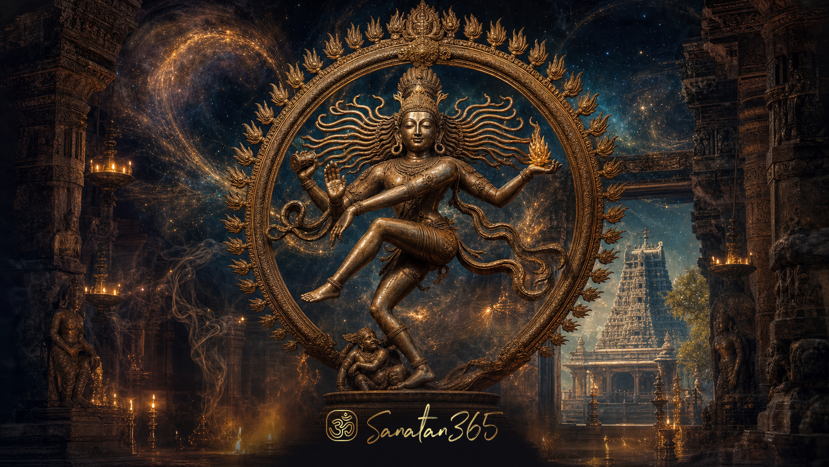 Painterly view of Shiva Nataraja dancing within Chidambaram Temple as golden light opens into symbolic cosmic space