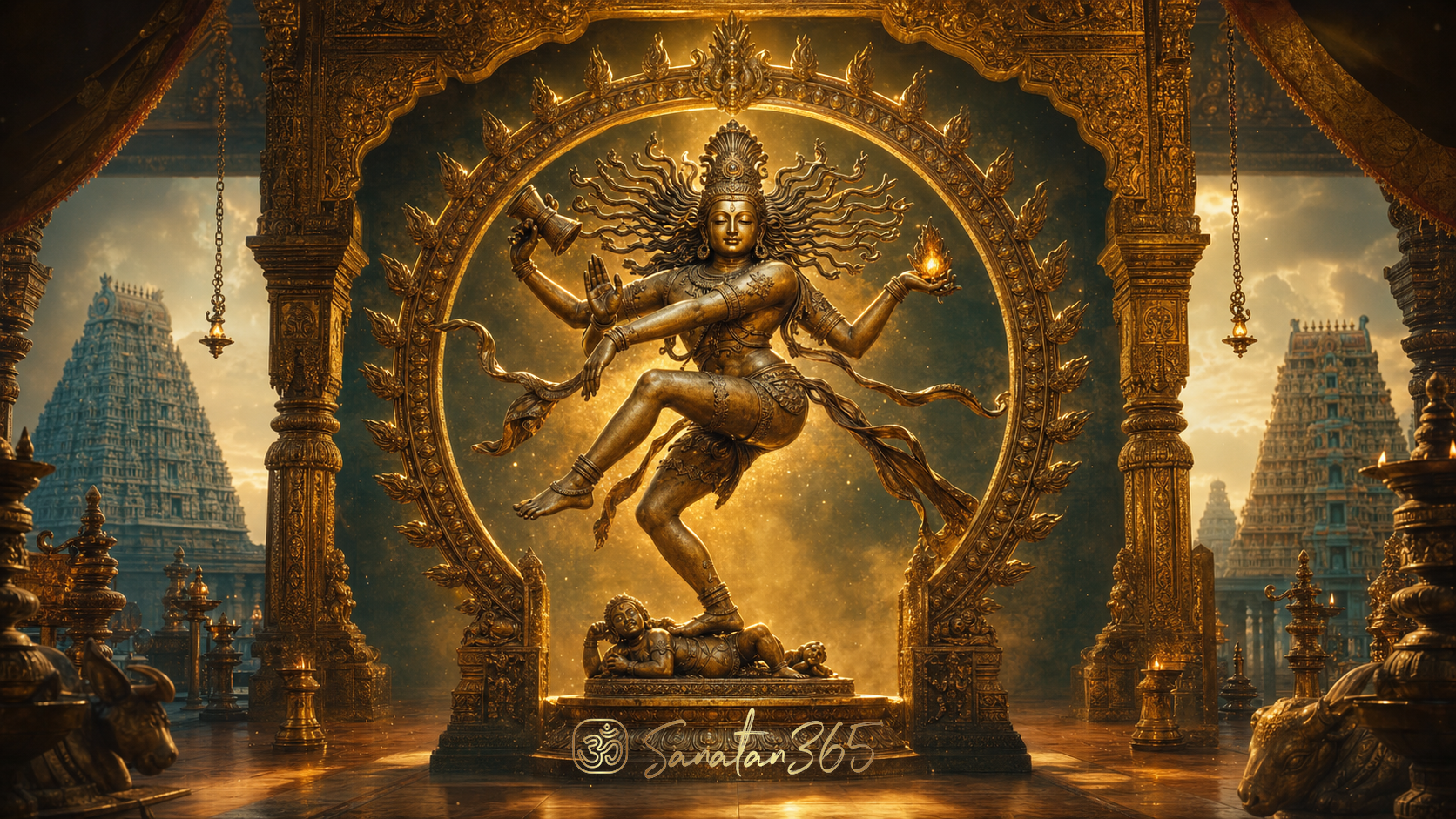 Shiva as Nataraja dancing in a golden South Indian temple hall with Chidambaram gopurams in the background