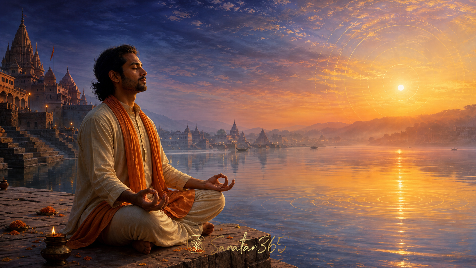 Meditating practitioner holding Chin Mudra beside a still river at sunrise