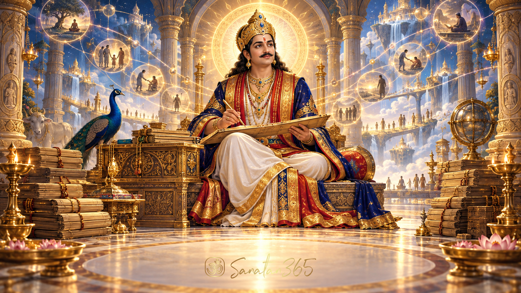 Sacred painterly depiction of Chitragupta with manuscripts and a writing stylus in a luminous celestial hall