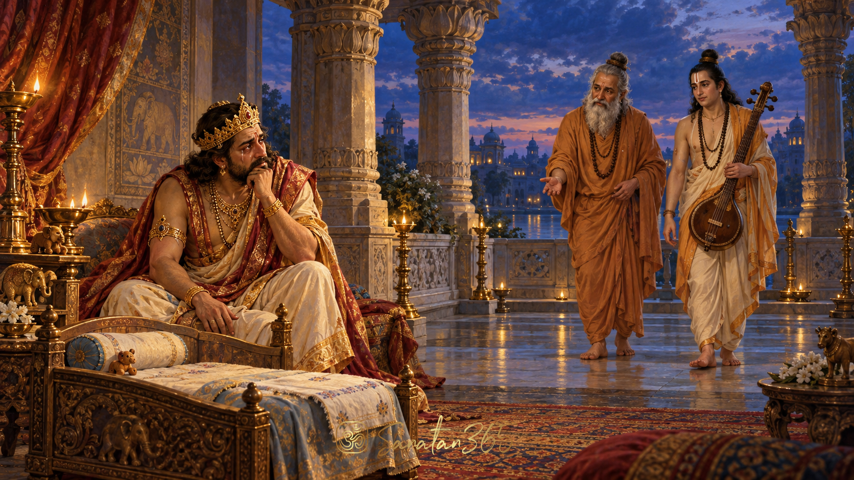 King Chitraketu sits in a lamplit palace as sages Narada and Angira approach with compassion