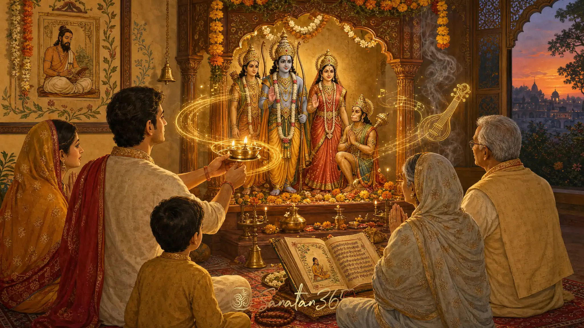 A Hindu family offering daily aarti before Lord Rama, Sita, Lakshmana, and Hanuman in a warm home shrine