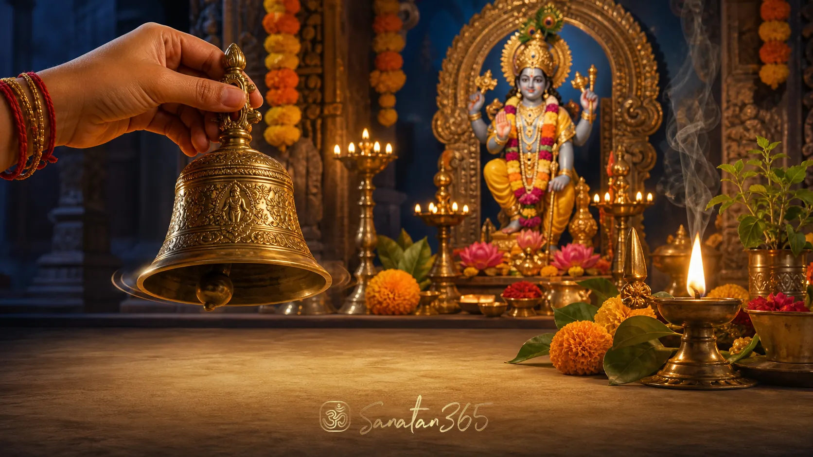 A brass Hindu ghanta bell being rung beside a Vishnu or Krishna murti, diya, marigolds, and tulsi leaves in a serene home puja space