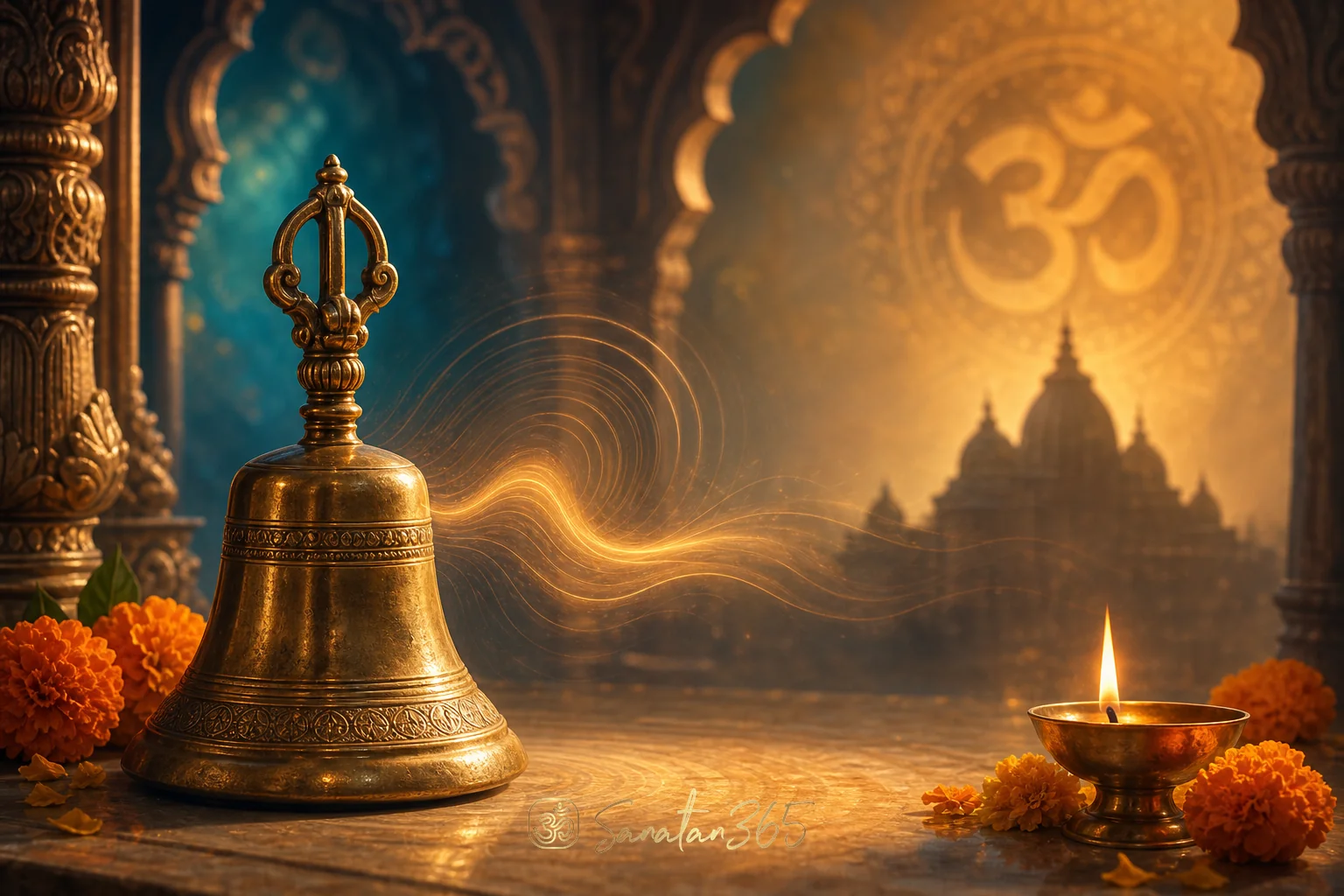 A brass Hindu ghanta bell beside a lit diya and flowers, symbolizing Daily Bell Ringing on Sanatan365.
