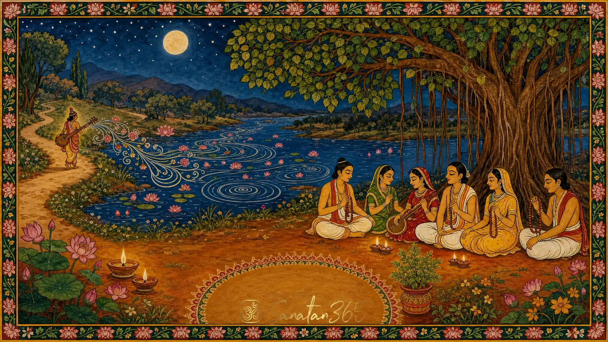 Daily mantra chanting practice with mala beads and a diya at sunrise