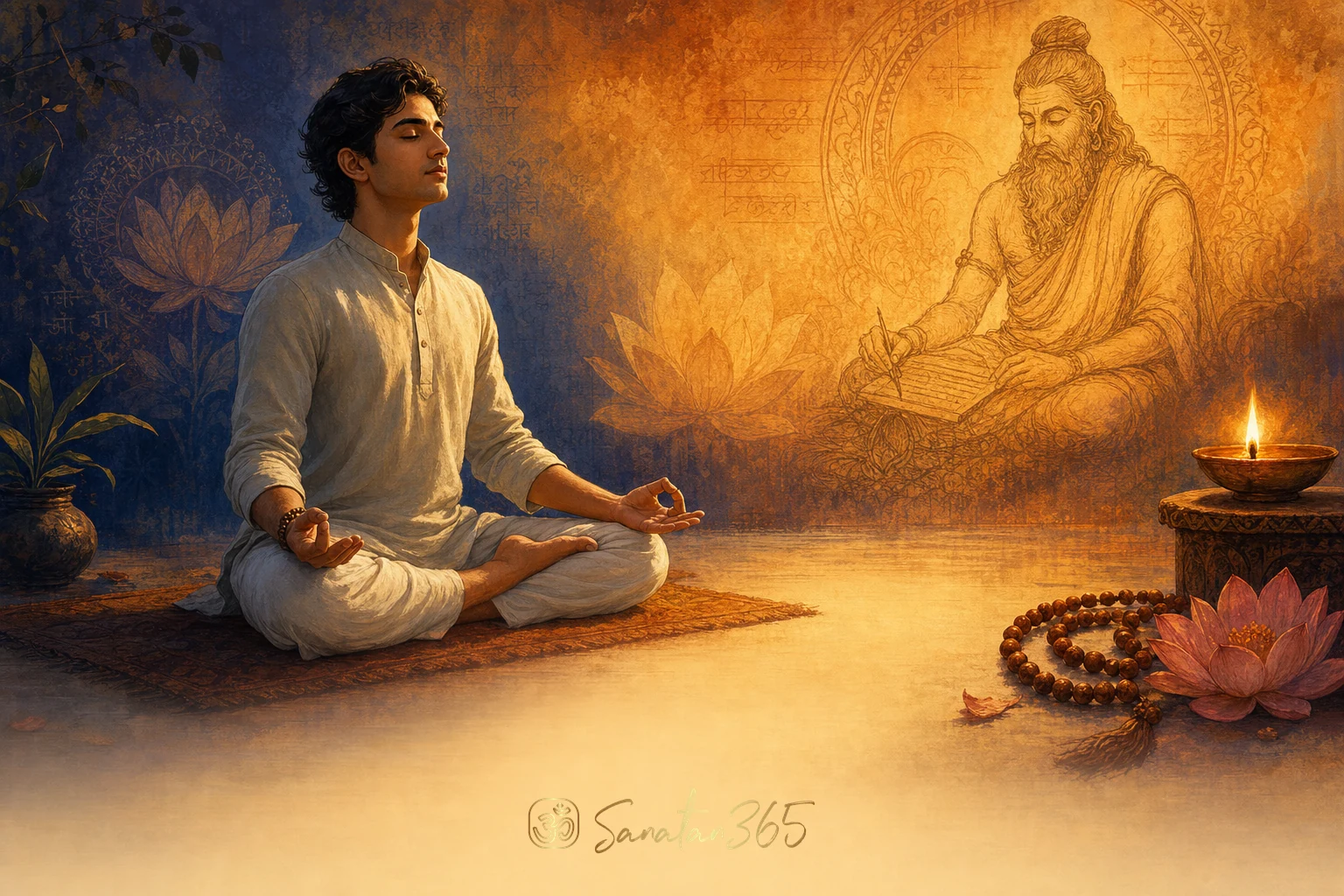 A serene seeker practicing Daily Meditation with Maharshi Patanjali in a warm Yoga Sutra-inspired devotional setting.