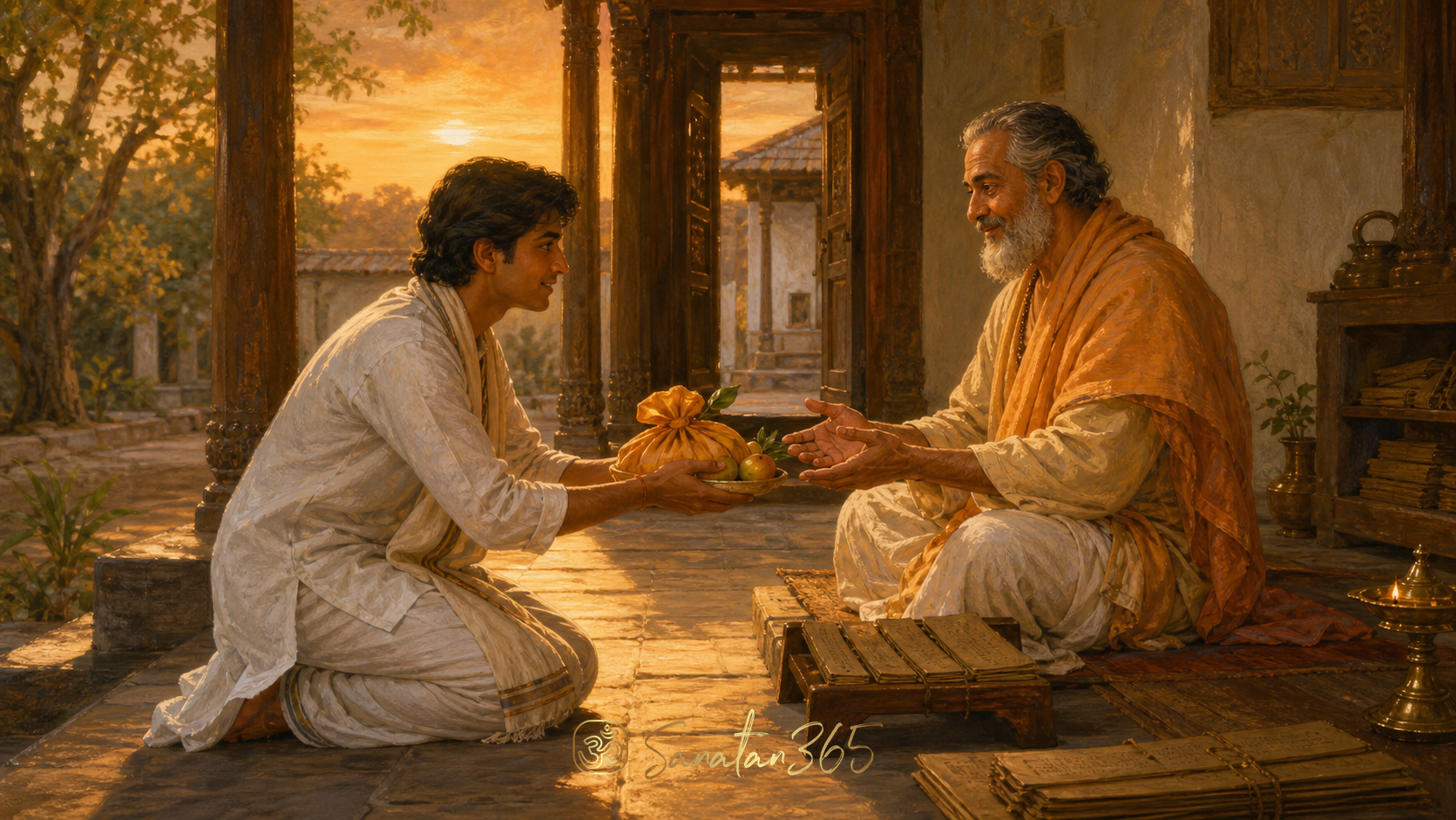 A student respectfully offers dakshina to a teacher in a traditional Indian learning courtyard
