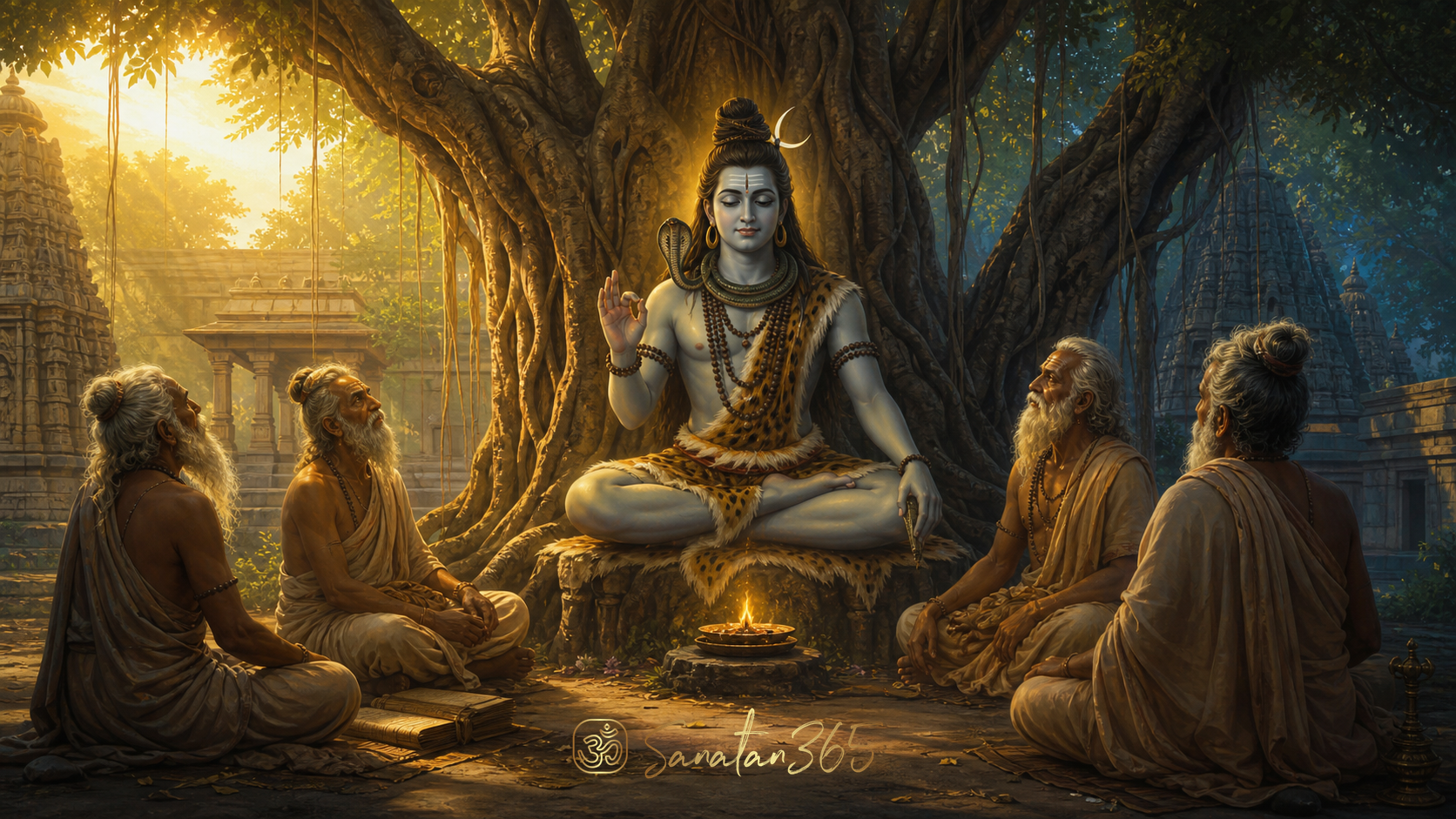Lord Shiva as Dakshinamurti teaching four sages in silence beneath a vast banyan tree
