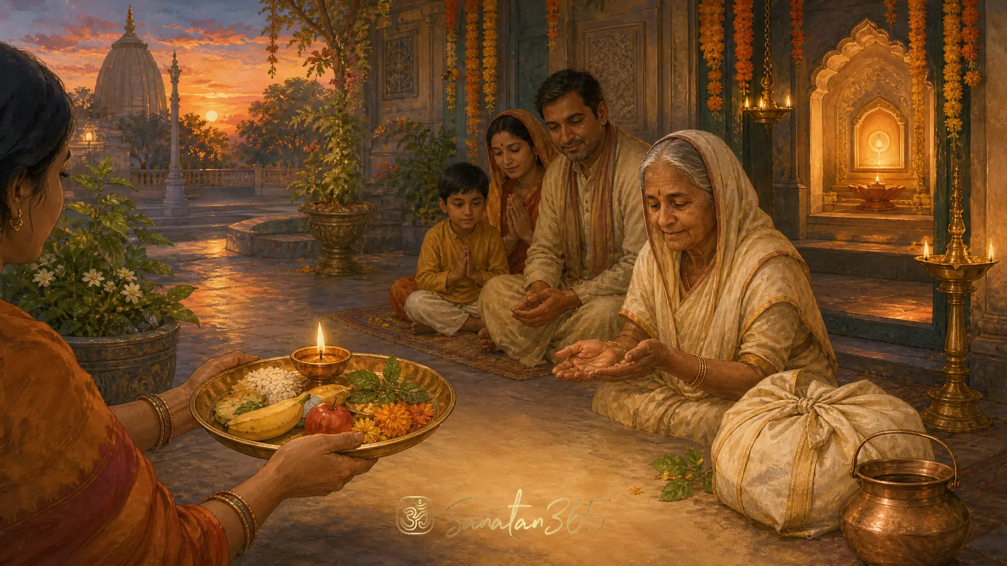 Respectful offering of grains and fruit beside a diya and scripture symbolizing dana, selfless Hindu giving