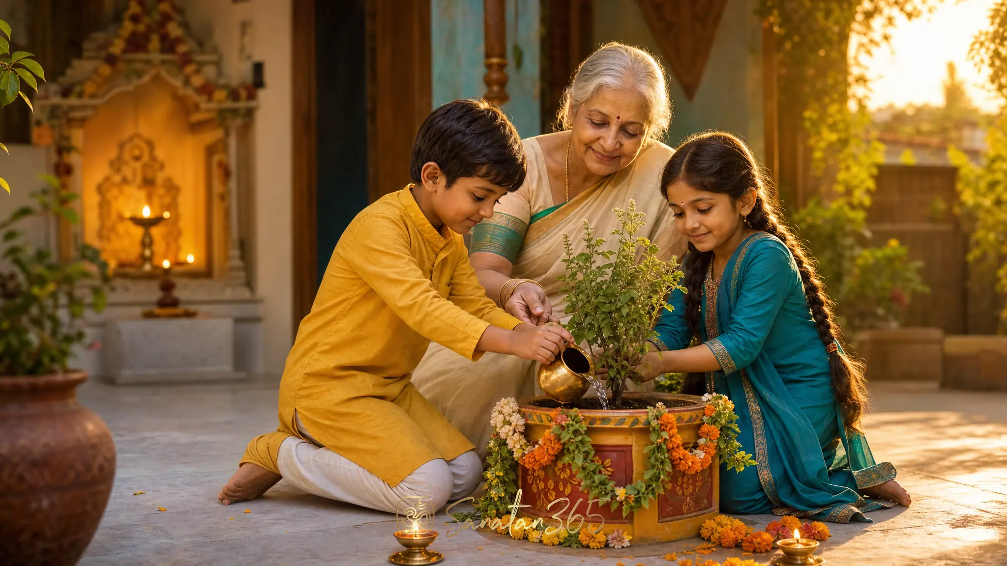 Children practicing daya by helping an elder and caring for a tulsi plant in a Hindu home courtyard