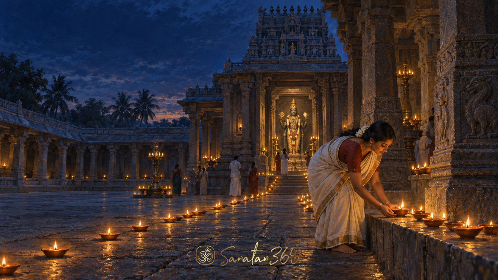 A devotee placing a clay oil lamp among glowing lamps in a Hindu temple courtyard at dusk